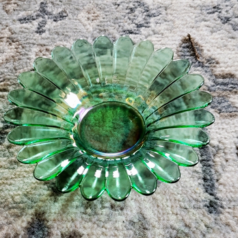 Green Carnival Glass Flower Dish Candle Holder